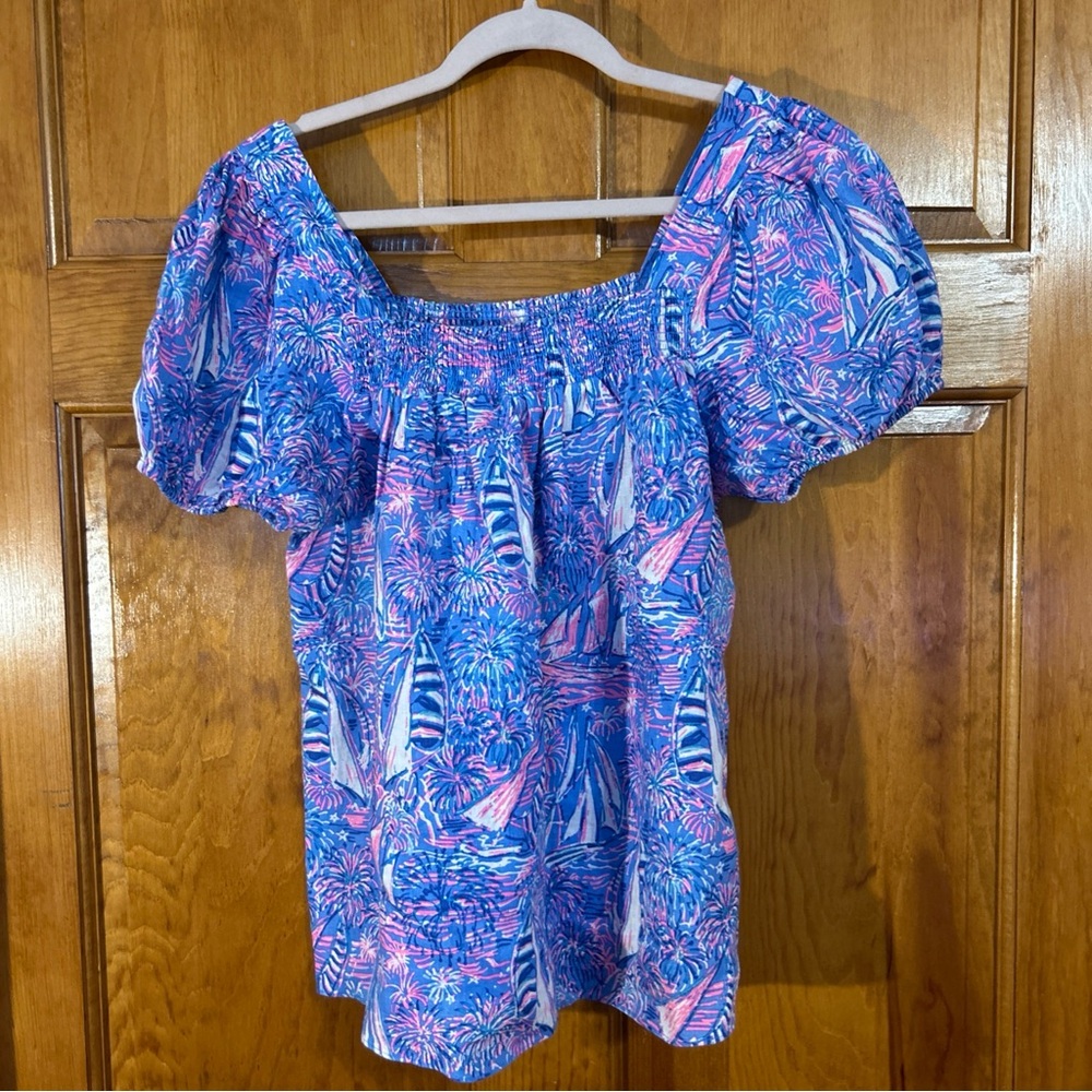 Lilly Pulitzer Keating Short Sleeve Linen Top Oca Blue Sailabration Sz 10-EUC - Picture 4 of 8